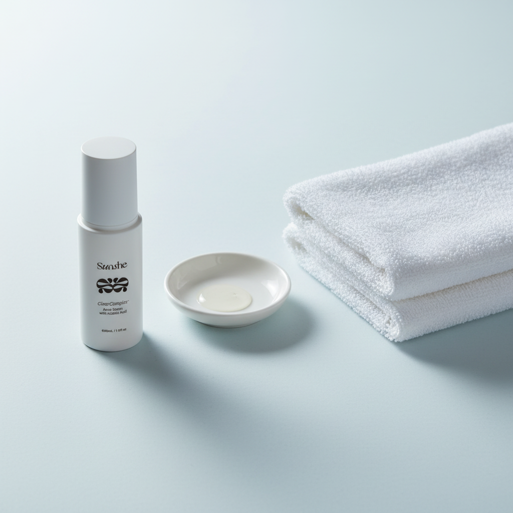 ClearComplex acne serum bottle beside a small drop of serum